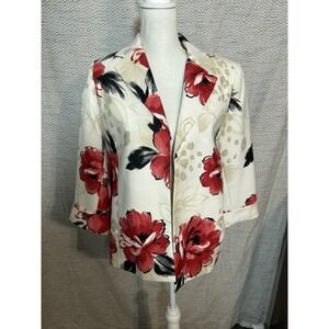 Alfred Dunner Stunning Cream tan Red floral print Long Sleeve Blazer Size 8